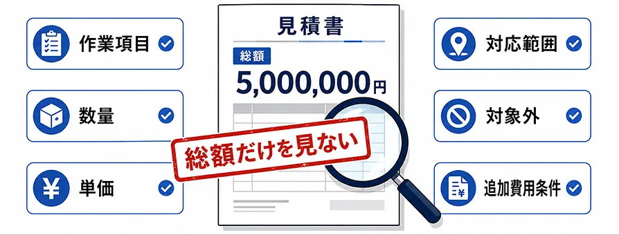 Webサイト制作の見積書で作業項目や数量、対応範囲を確認するポイントを示す図
